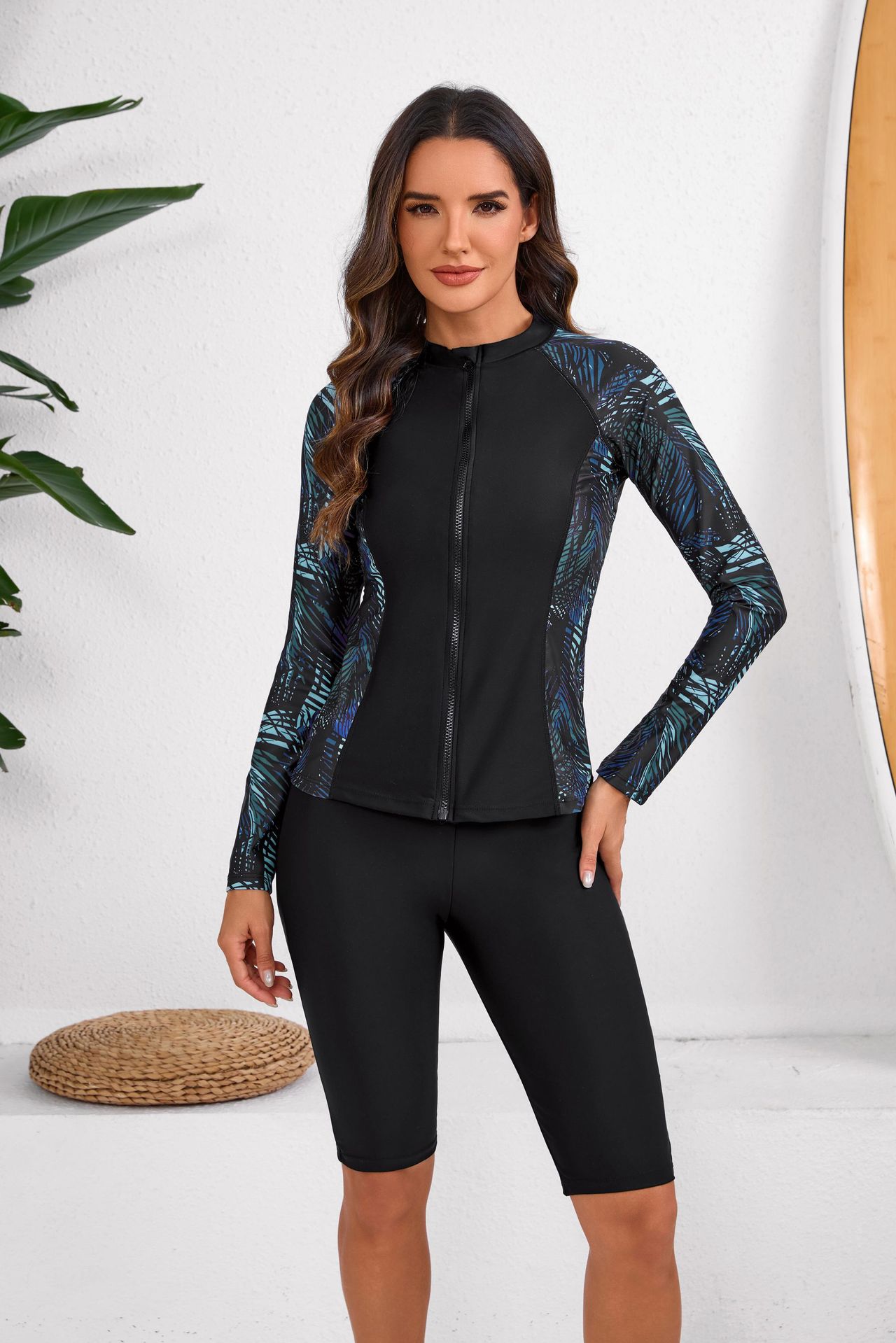 Womens Long Sleeve Rash Guard Swimsuit Set 3-piece Trendy Swimwear With Shorts